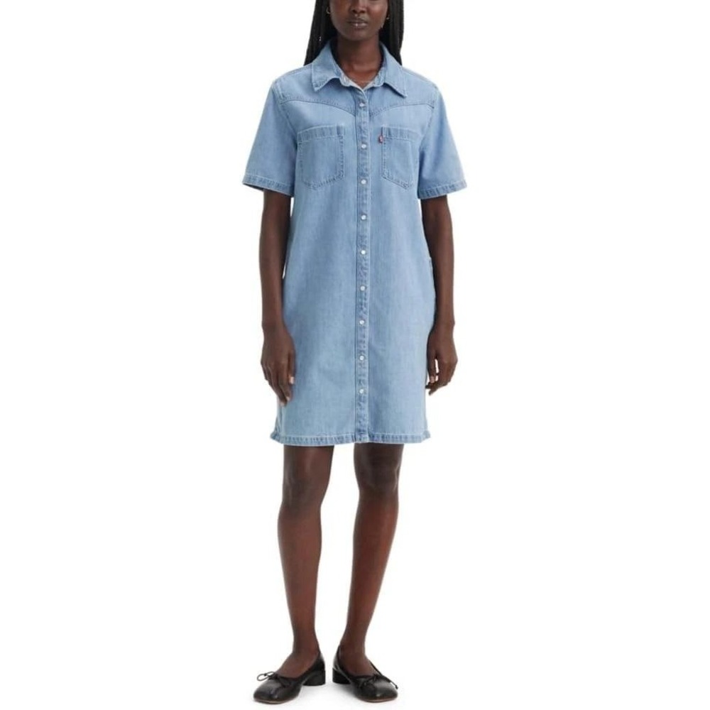 Levi's Louisa Short Sleeve Denim Shirt Dress - Light Wash Western Mini -‎ Size S